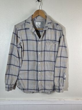 Quiksilver Men’s Small Plaid Flannel Button Up Shirt Gray Blue Cotton Modern Fit
